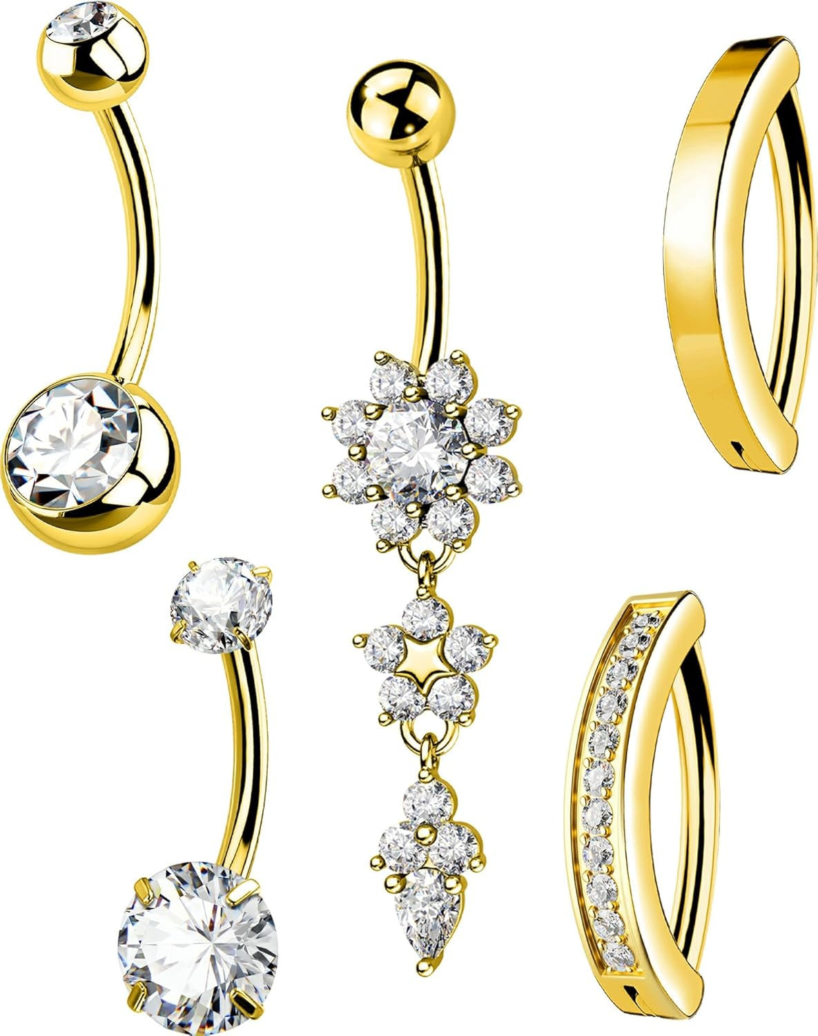 5PCS Belly Button Rings for Women 14G Dangle Navel Piercing Jewelry Set Surgical Stainless Steel Body Jewelry with CZ Butterfly Flower Teardrop Barbell for Beach Festival Daily