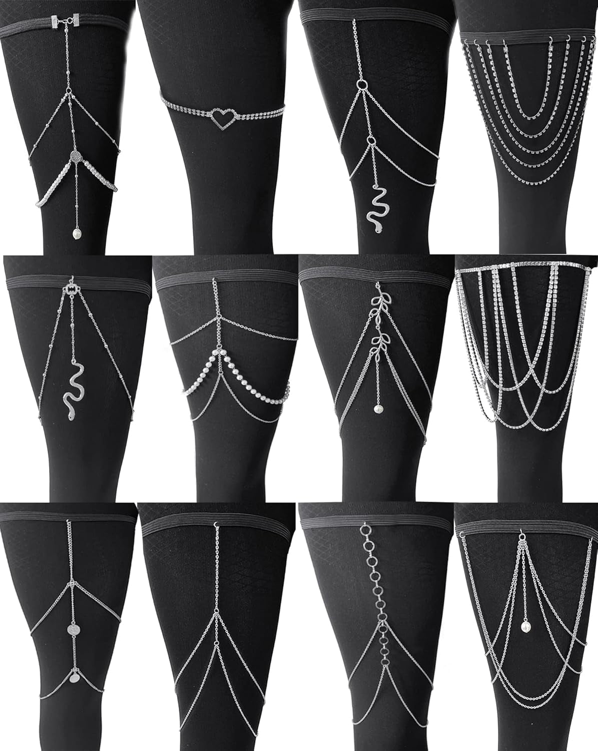 Tornito 12Pcs Thigh Chains Snake Heart Pearl CZ Leg Chain Boho Layered Body Chain Summer Beach Party Body Jewelry for Women Silver Gold Tone