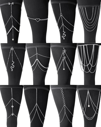Tornito 12Pcs Thigh Chains Snake Heart Pearl CZ Leg Chain Boho Layered Body Chain Summer Beach Party Body Jewelry for Women Silver Gold Tone