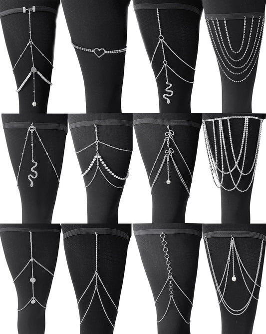 Tornito 12Pcs Thigh Chains Snake Heart Pearl CZ Leg Chain Boho Layered Body Chain Summer Beach Party Body Jewelry for Women Silver Gold Tone