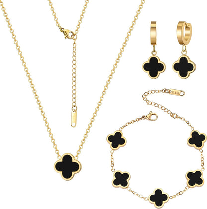 18K Gold Plated Lucky Clover Jewelry Set Black White and Red Four Leaf Clove Bracelet Necklace and Earrings Fashion Birthday Gifts for Women