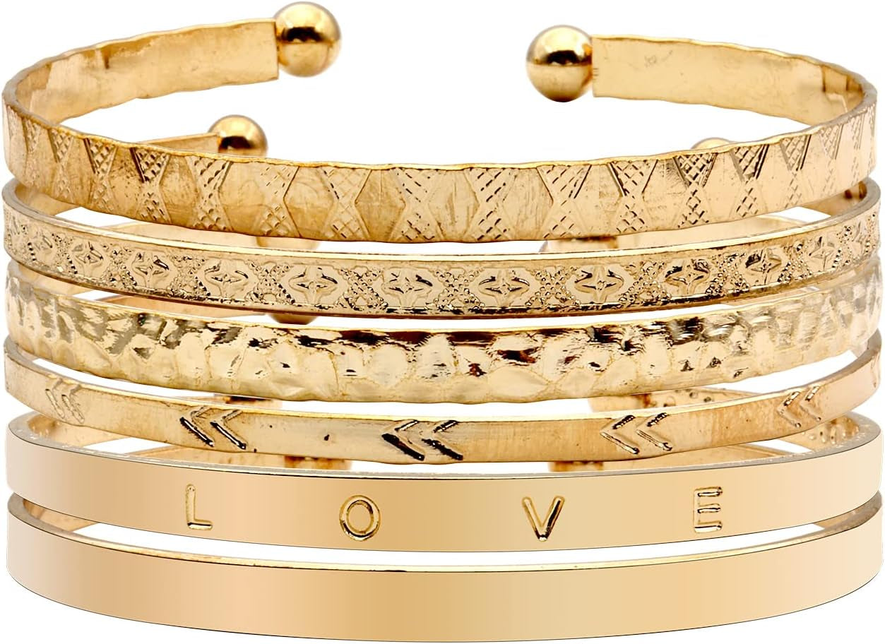 Women'S Stackable Gold Cuff Bangle Bracelets - Boho Retro Wide - Face Design with Graceful Temperament, Totem Embossed & Love Charm Sets, Ideal for Layered Styling and Festival Accessories