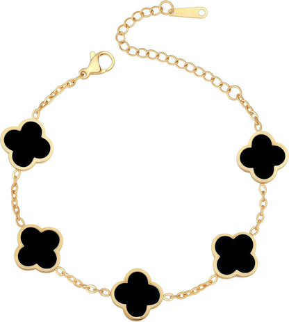 (Sturdy Version) 18K Gold Plated Bracelets for Women Men (Double Sided) Four Leaf Clover Cute Trendy Lucky Braclet (Adjustable) Fit Wrist within 8 Inch, Gold White Black Green Blue Red Pink