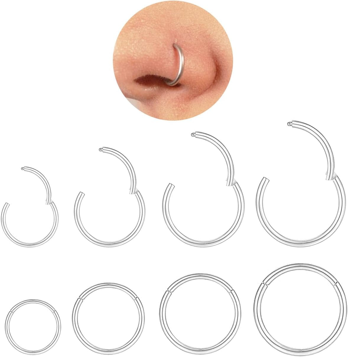 Hypoallergenic Nose Rings Hoops Set for Women Men: 8Pcs 18G Gold/Silver 316L Surgical Stainless Steel Nose Hoops Hinged Clicker Septum Rings for Nose Cartilage Body Piercing Jewelry 6Mm 8Mm 10Mm 12Mm
