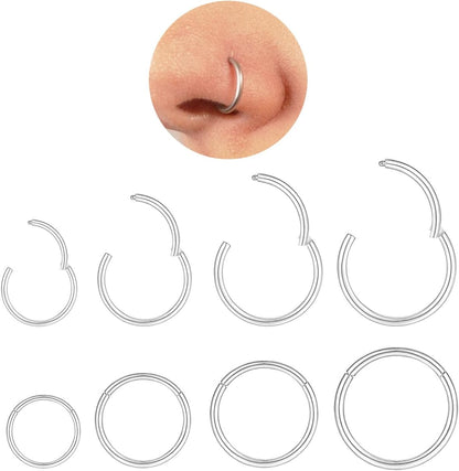 Hypoallergenic Nose Rings Hoops Set for Women Men: 8Pcs 18G Gold/Silver 316L Surgical Stainless Steel Nose Hoops Hinged Clicker Septum Rings for Nose Cartilage Body Piercing Jewelry 6Mm 8Mm 10Mm 12Mm