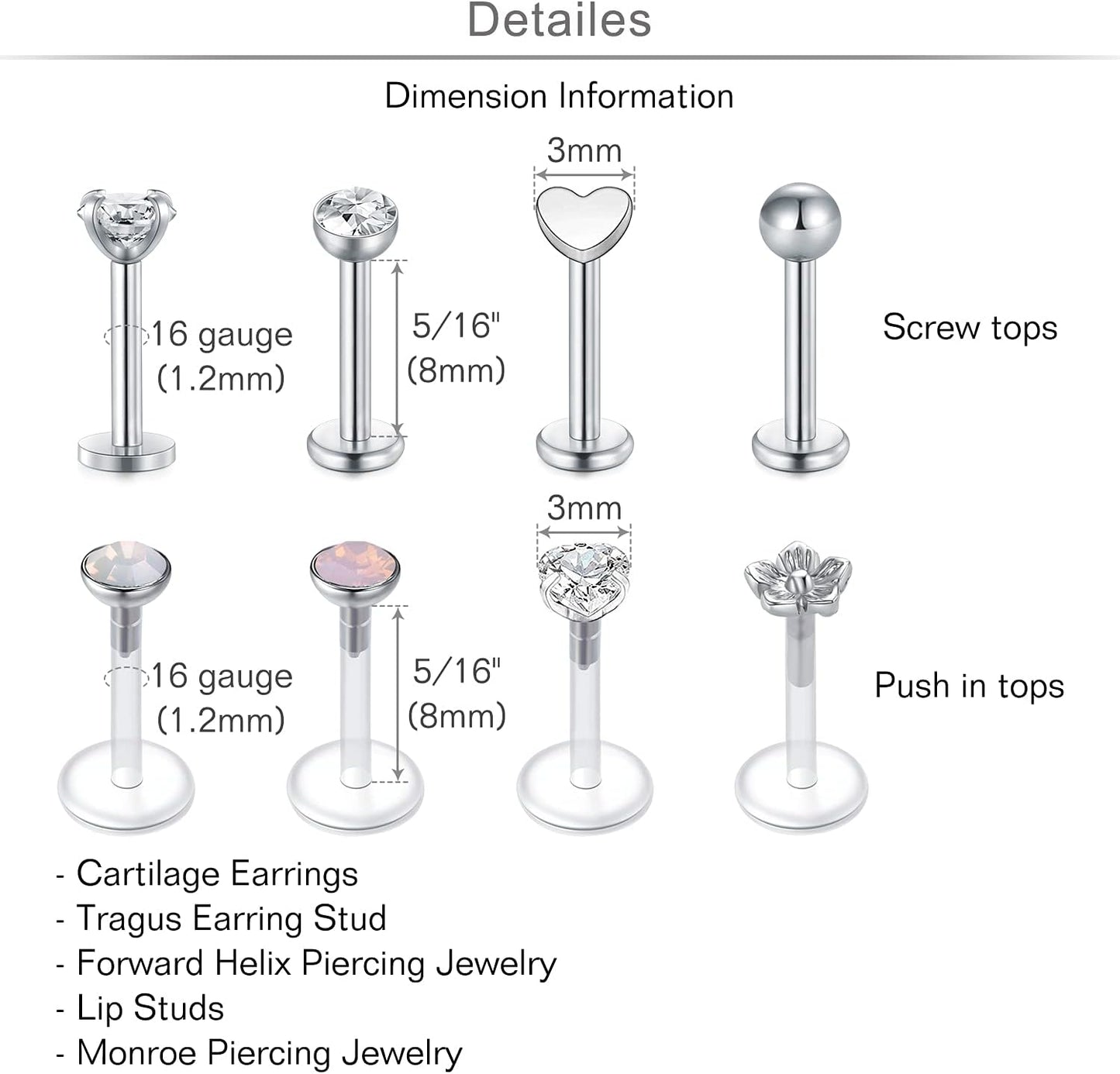 MODRSA 20G 16G Cartilage Earrings for Women Silver Gold Helix Piercing Jewelry Surgical Steel Hypoallergenic Flat Back Earrings Cartilage Hoop for Women Forward Helix Earring Tragus Jewelry Screw Back