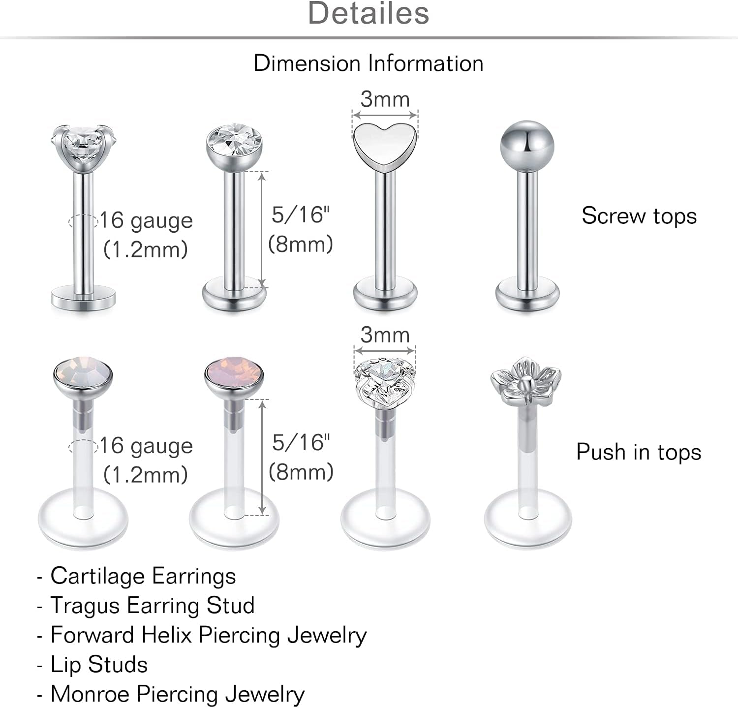 MODRSA 20G 16G Cartilage Earrings for Women Silver Gold Helix Piercing Jewelry Surgical Steel Hypoallergenic Flat Back Earrings Cartilage Hoop for Women Forward Helix Earring Tragus Jewelry Screw Back