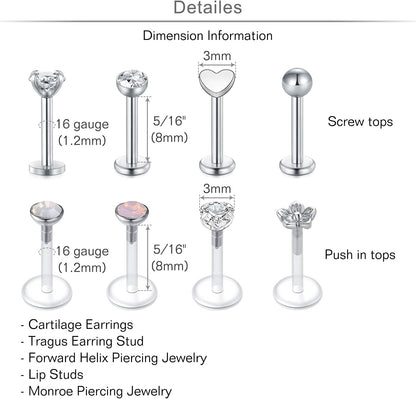 MODRSA 20G 16G Cartilage Earrings for Women Silver Gold Helix Piercing Jewelry Surgical Steel Hypoallergenic Flat Back Earrings Cartilage Hoop for Women Forward Helix Earring Tragus Jewelry Screw Back