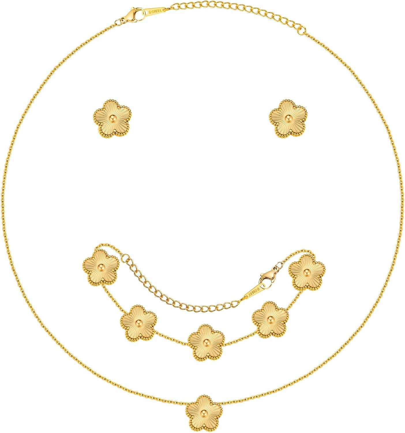 Gold Necklaces Bracelets Earring Set - 18K Gold Plated Flower Bracelet ,Stainless Steel Non Tarnish Floral Pendant Stud Jewelry Sets,Christmas Birthday Lucky Gift for Her Mom Wife Daughter Girlfriend