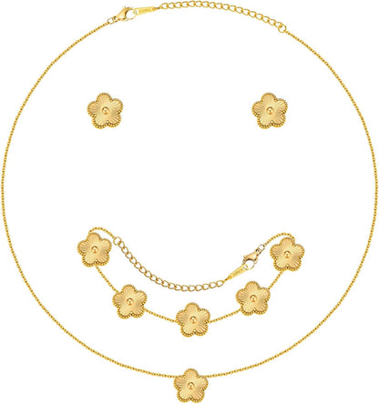 Gold Necklaces Bracelets Earring Set - 18K Gold Plated Flower Bracelet ,Stainless Steel Non Tarnish Floral Pendant Stud Jewelry Sets,Christmas Birthday Lucky Gift for Her Mom Wife Daughter Girlfriend