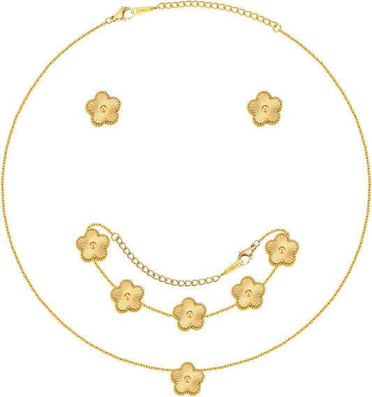 Gold Necklaces Bracelets Earring Set - 18K Gold Plated Flower Bracelet ,Stainless Steel Non Tarnish Floral Pendant Stud Jewelry Sets,Christmas Birthday Lucky Gift for Her Mom Wife Daughter Girlfriend