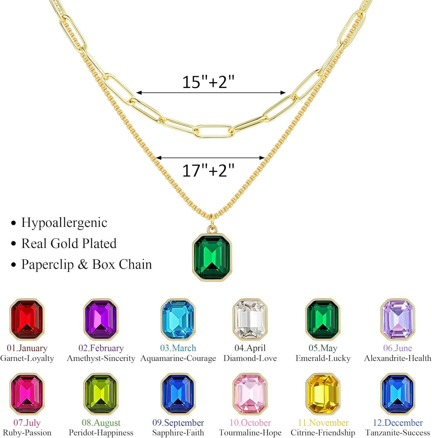 Christmas Gifts for Women Teen Girls - Birthstone Necklace for Women Girls Dainty Layered Gold Necklace for Women with 12 Month Rectangle Birthstone Pendant Paperclip Box Chain Choker Necklace
