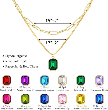 Christmas Gifts for Women Teen Girls - Birthstone Necklace for Women Girls Dainty Layered Gold Necklace for Women with 12 Month Rectangle Birthstone Pendant Paperclip Box Chain Choker Necklace