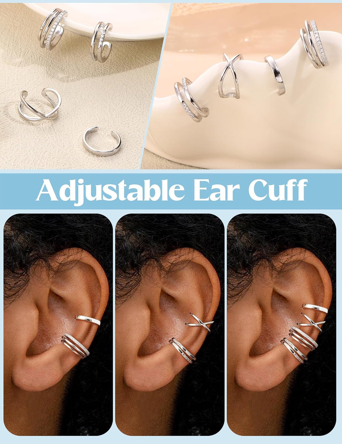 Jerywe 4 Pcs 925 Sterling Silver Ear Cuff for Women Non Piercing Adjustable Ear Cuff Earrings Clip on Cartilage Helix Wrap Ear Jewelry Set