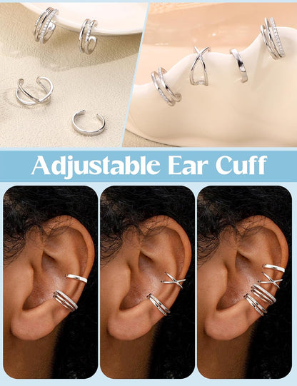 Jerywe 4 Pcs 925 Sterling Silver Ear Cuff for Women Non Piercing Adjustable Ear Cuff Earrings Clip on Cartilage Helix Wrap Ear Jewelry Set