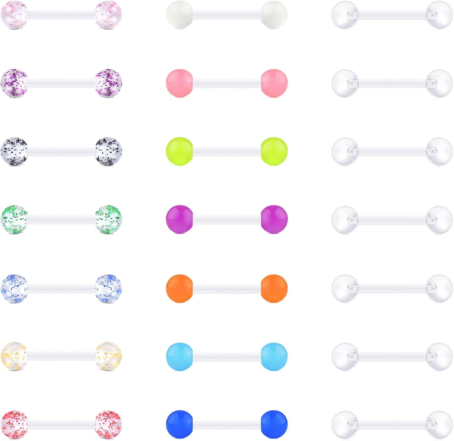 VCMART 14G Plastic Tongue Rings Plastic Nipple Rings for Surgery Clear Tongue Ring Nipple Piercings Glow in Dark Flexible Acrylic Straight Barbell Piercing Retainer for Work Sports 12/14/16/18MM