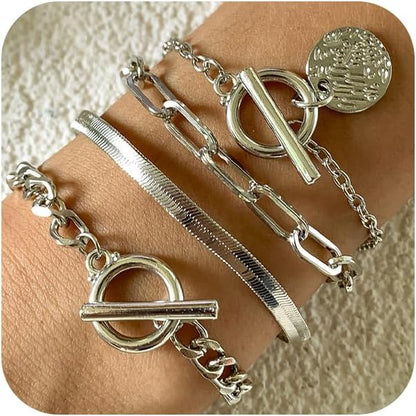 4Pcs Goth Black Stackable Bracelets Set for Women Gothic Statement Gold Coin OT Buckle Bracelet Vintage Paperclip Chain Y2K Party Hallowmas Jewelry Gifts