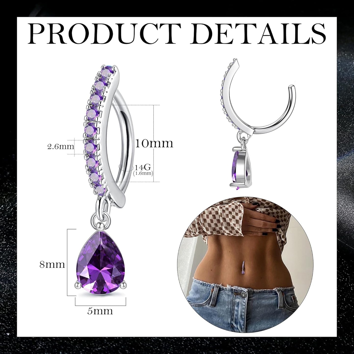 FIBO STEEL 14G Clicker Belly Rings 316L Surgical Steel Dangle Belly Button Ring CZ Teardrop Pendant Navel Rings Barbell Body Piercing Jewelry