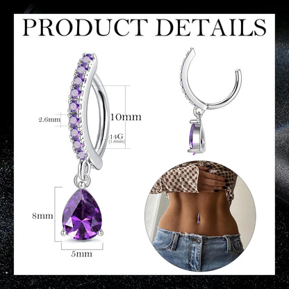 FIBO STEEL 14G Clicker Belly Rings 316L Surgical Steel Dangle Belly Button Ring CZ Teardrop Pendant Navel Rings Barbell Body Piercing Jewelry