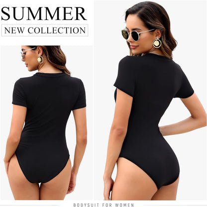 Womens stretchy bodysuit tops crew neck casual fit flat lay