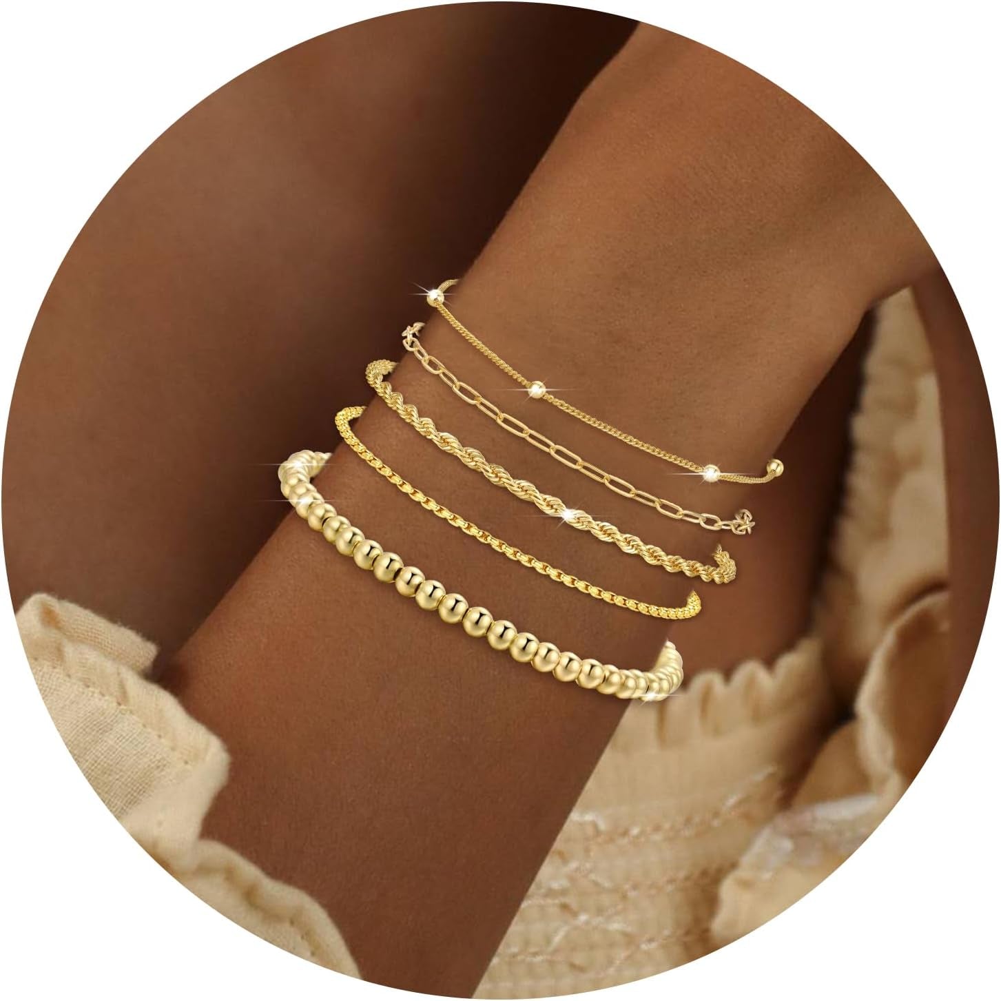 5Pcs Gold Bracelets for Women Trendy,Dainty 14K Real Gold Plated Jewelry Sets for Women,Waterproof,Thin Small Cute Chain Bracelets,Fashion Accessories Jewelry Gifts for Women Adjustable 7"+2"