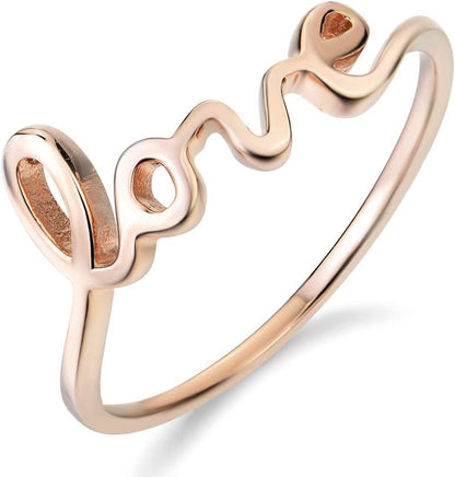 YFN love script ring stacked with other bands