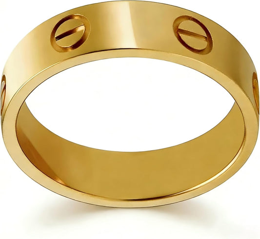 Gold love ring with polished stainless steel band and elegant motifs