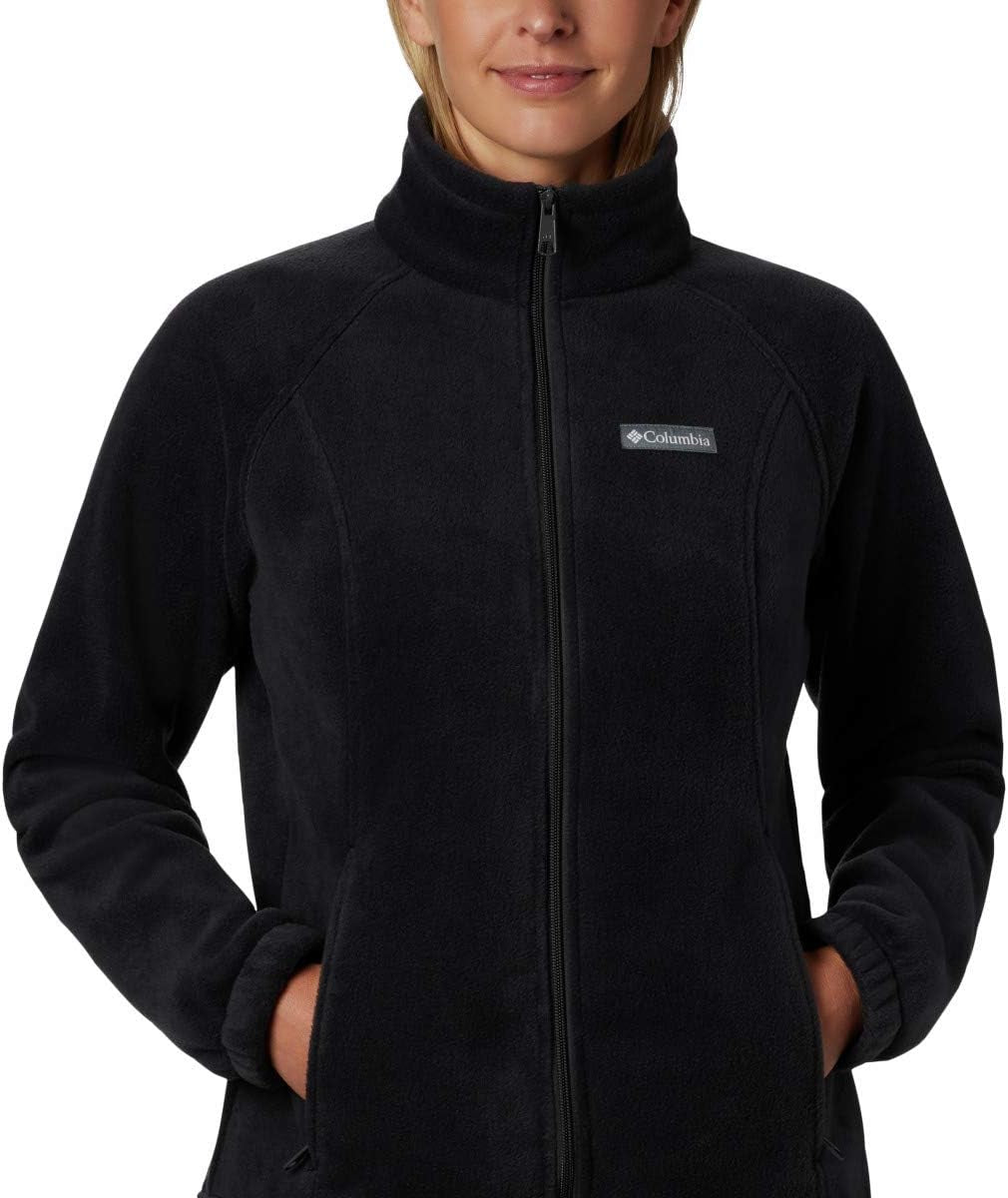 Model in active slim cut Columbia fleece showcasing flattering fit