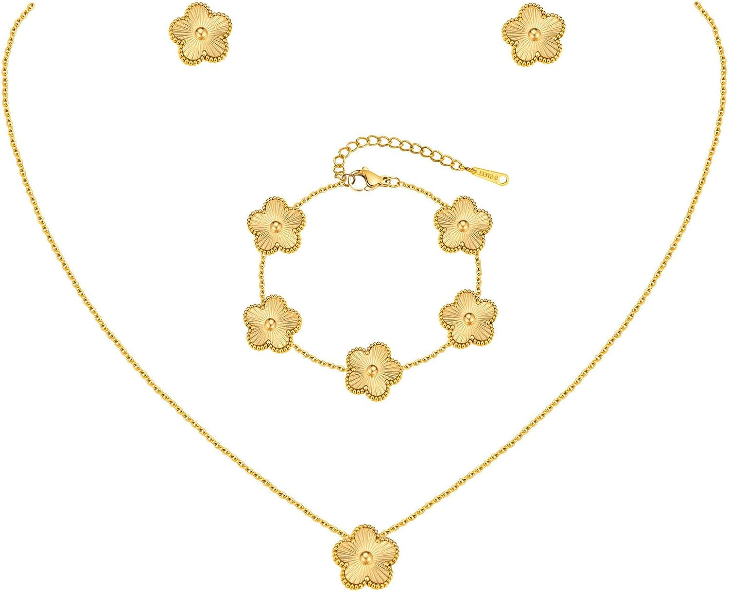 Gold Necklaces Bracelets Earring Set - 18K Gold Plated Flower Bracelet Chain,Stainless Steel Non Tarnish Floral Pendant Stud Jewelry Sets,Christmas Birthday Lucky Gift for Mom Wife Daughter Girlfriend