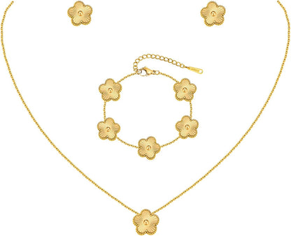 Gold Necklaces Bracelets Earring Set - 18K Gold Plated Flower Bracelet Chain,Stainless Steel Non Tarnish Floral Pendant Stud Jewelry Sets,Christmas Birthday Lucky Gift for Mom Wife Daughter Girlfriend