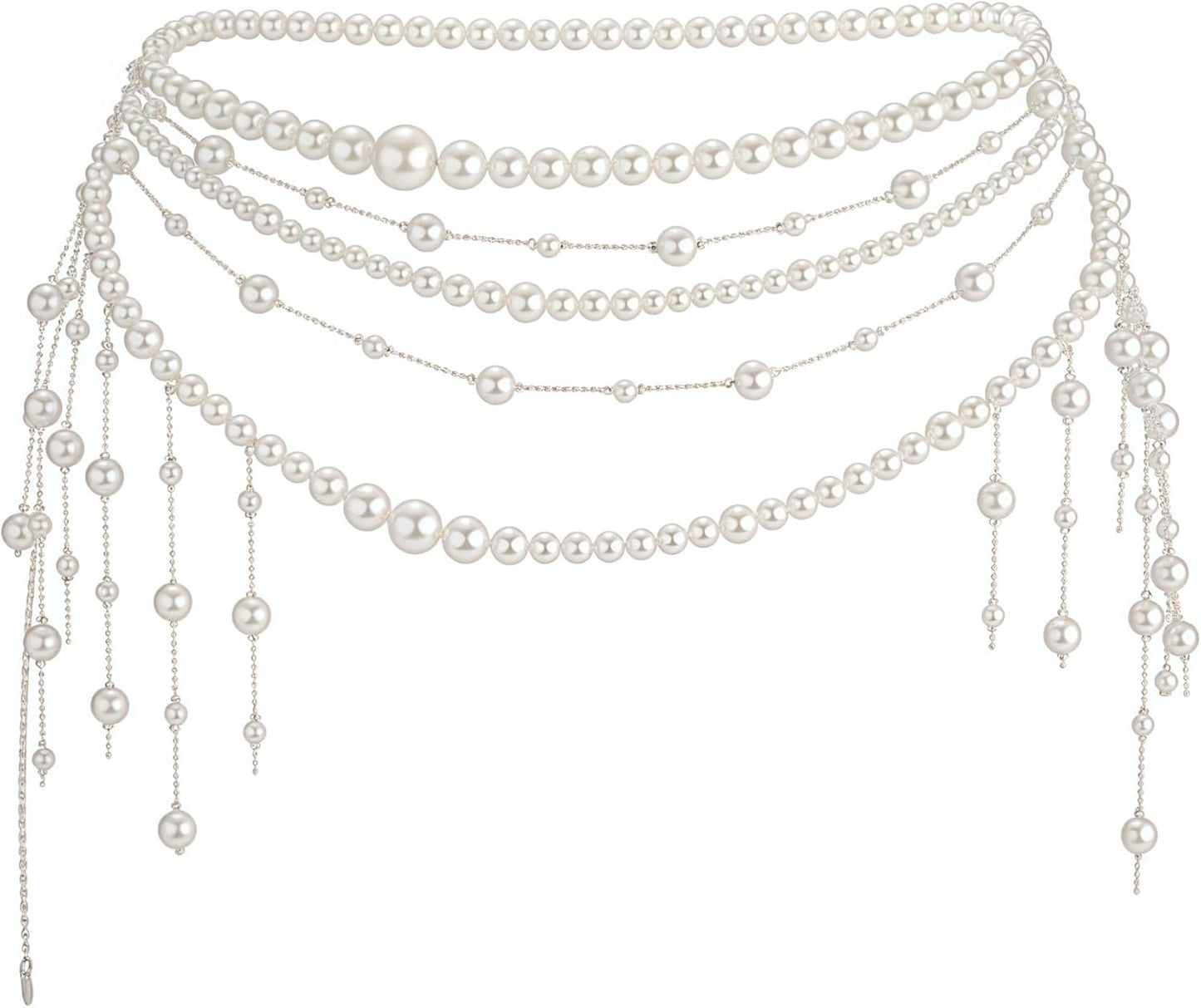 Pearl Tassel Wasit Chain for Women Body Chain Multi-Layer White Pearl Tassel Belly Chain Belts for Women Long Tassel Pendant Layered Pearls Belt for Dresses Wedding Bridal Rave Body Jewelry Accessories