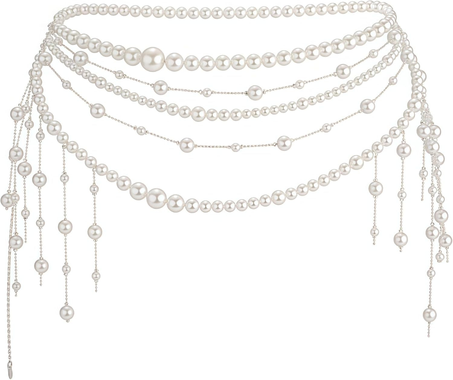 Pearl Tassel Wasit Chain for Women Body Chain Multi-Layer White Pearl Tassel Belly Chain Belts for Women Long Tassel Pendant Layered Pearls Belt for Dresses Wedding Bridal Rave Body Jewelry Accessories