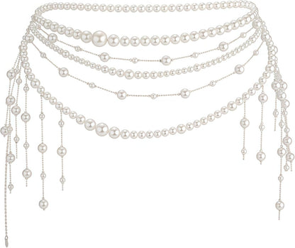 Pearl Tassel Wasit Chain for Women Body Chain Multi-Layer White Pearl Tassel Belly Chain Belts for Women Long Tassel Pendant Layered Pearls Belt for Dresses Wedding Bridal Rave Body Jewelry Accessories