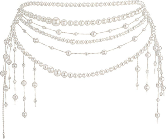 Pearl Tassel Wasit Chain for Women Body Chain Multi-Layer White Pearl Tassel Belly Chain Belts for Women Long Tassel Pendant Layered Pearls Belt for Dresses Wedding Bridal Rave Body Jewelry Accessories