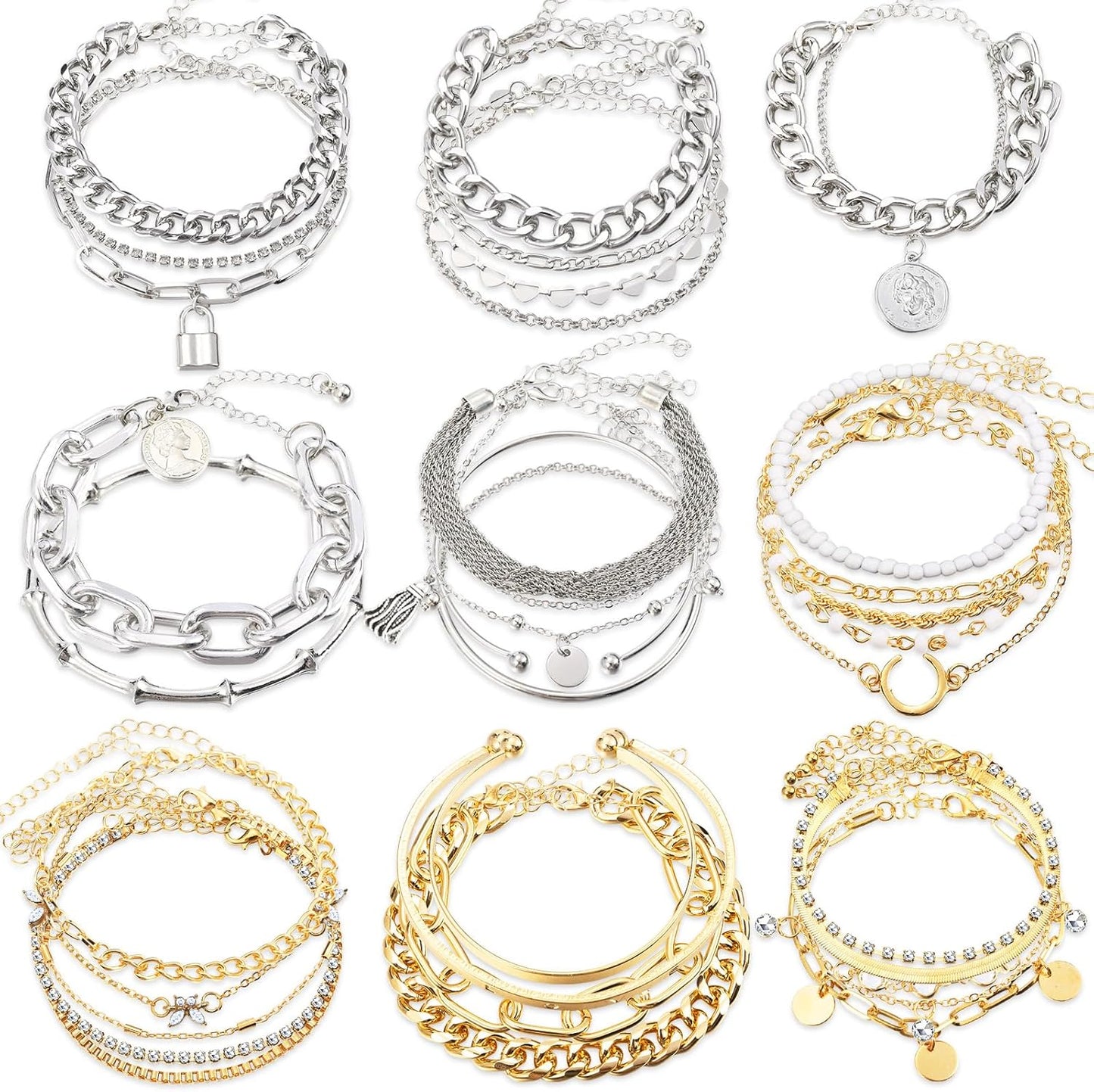 Quelay 33 Pcs (9 Pack) Boho Gold & Silver Bracelets Set for Women Christmas Stocking Stuffers Gifts Mixed Metal Stack Bracelets Stackable Cuff Adjustable Cuban Link Chain Punk Bangle Charm Jewelry