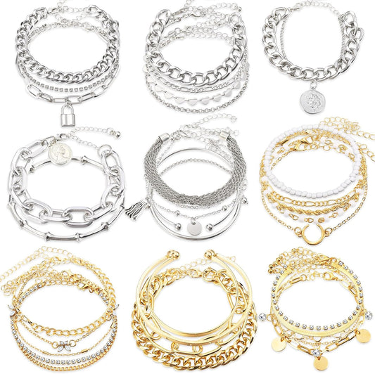 Quelay 33 Pcs (9 Pack) Boho Gold & Silver Bracelets Set for Women Christmas Stocking Stuffers Gifts Mixed Metal Stack Bracelets Stackable Cuff Adjustable Cuban Link Chain Punk Bangle Charm Jewelry