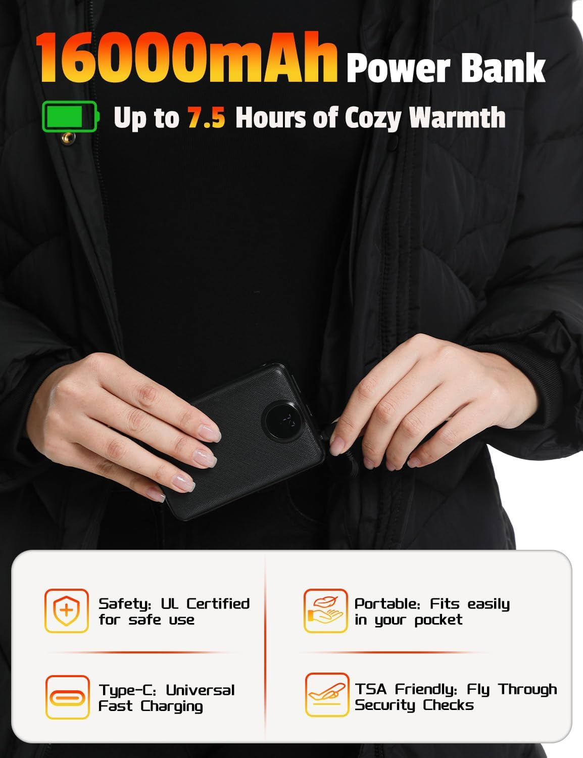 Heat zones highlighted on women's electric heated coat
