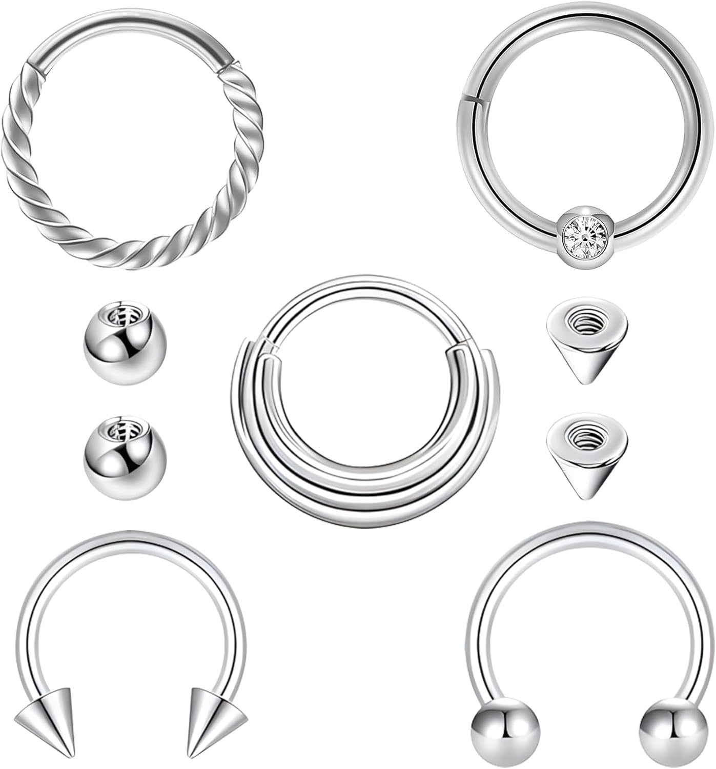 8Pcs Septum Rings 16G Surgical Steel Nose Rings Hoops Septum Clicker Daith Piercing Jewelry Silver Butterfly CZ Horseshoe Nose Lip Ring for Women Men 8MM 10MM