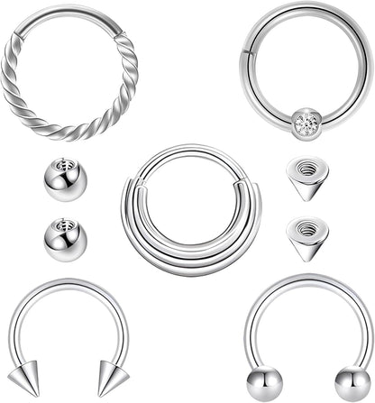 8Pcs Septum Rings 16G Surgical Steel Nose Rings Hoops Septum Clicker Daith Piercing Jewelry Silver Butterfly CZ Horseshoe Nose Lip Ring for Women Men 8MM 10MM