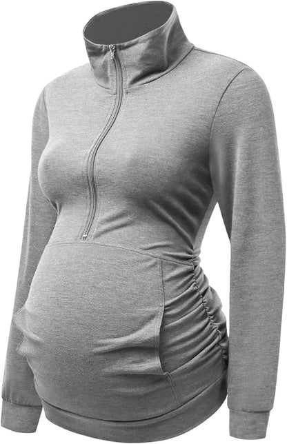 DEBELLY Maternity Shirt with Pocket Women'S Lapel Top Casual Pregnancy Long Sleeve Zipper Sweatshirt
