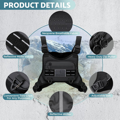 Front view of lightweight running vest bag showing phone holder and storage pockets