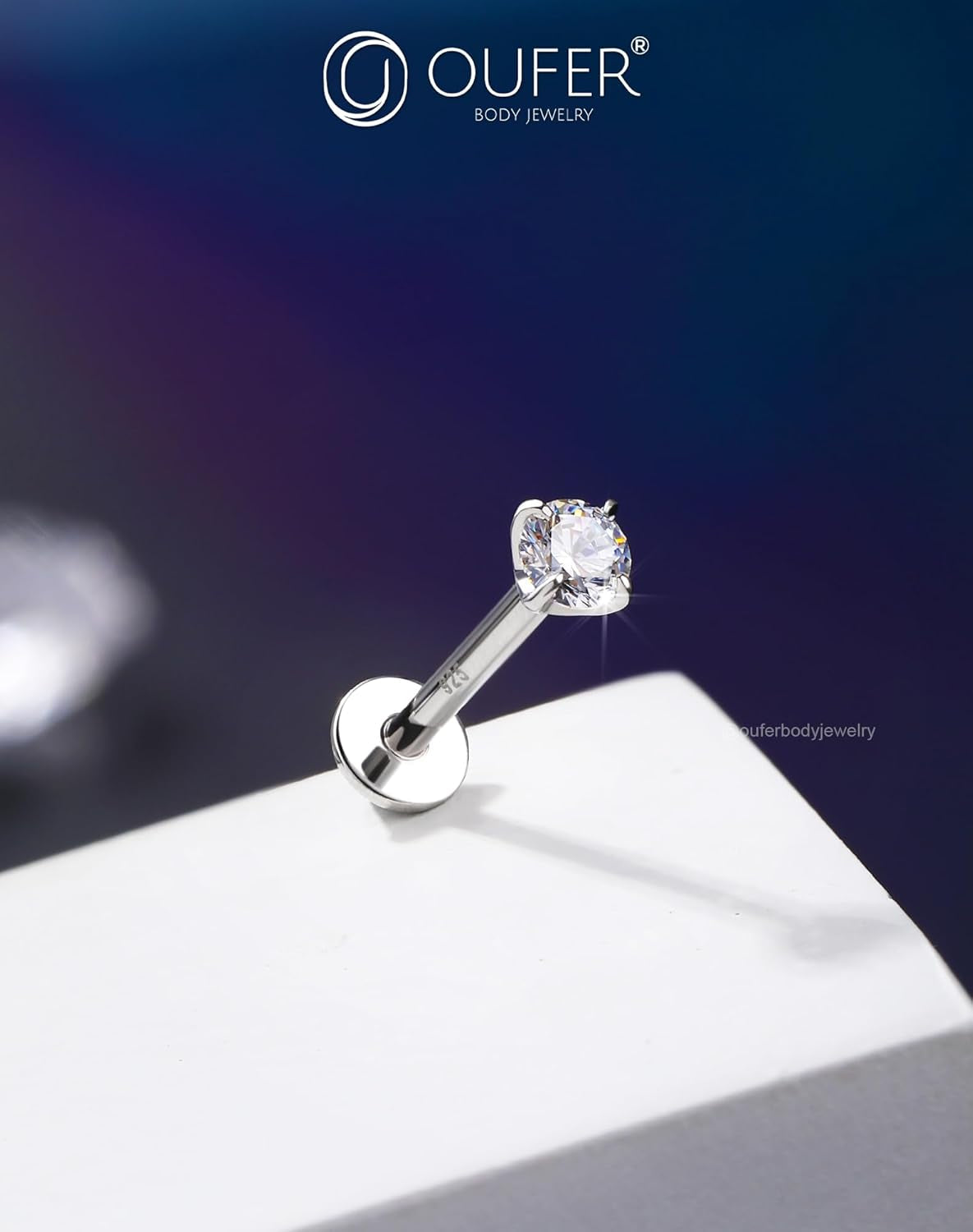 OUFER 925 Sterling Silver Flat Back Earrings, Clear CZ 16G Helix Piercing Jewelry, Silver Internally Threaded Cartilage Earrings Stud, Silver Lip Labret Rings for Women