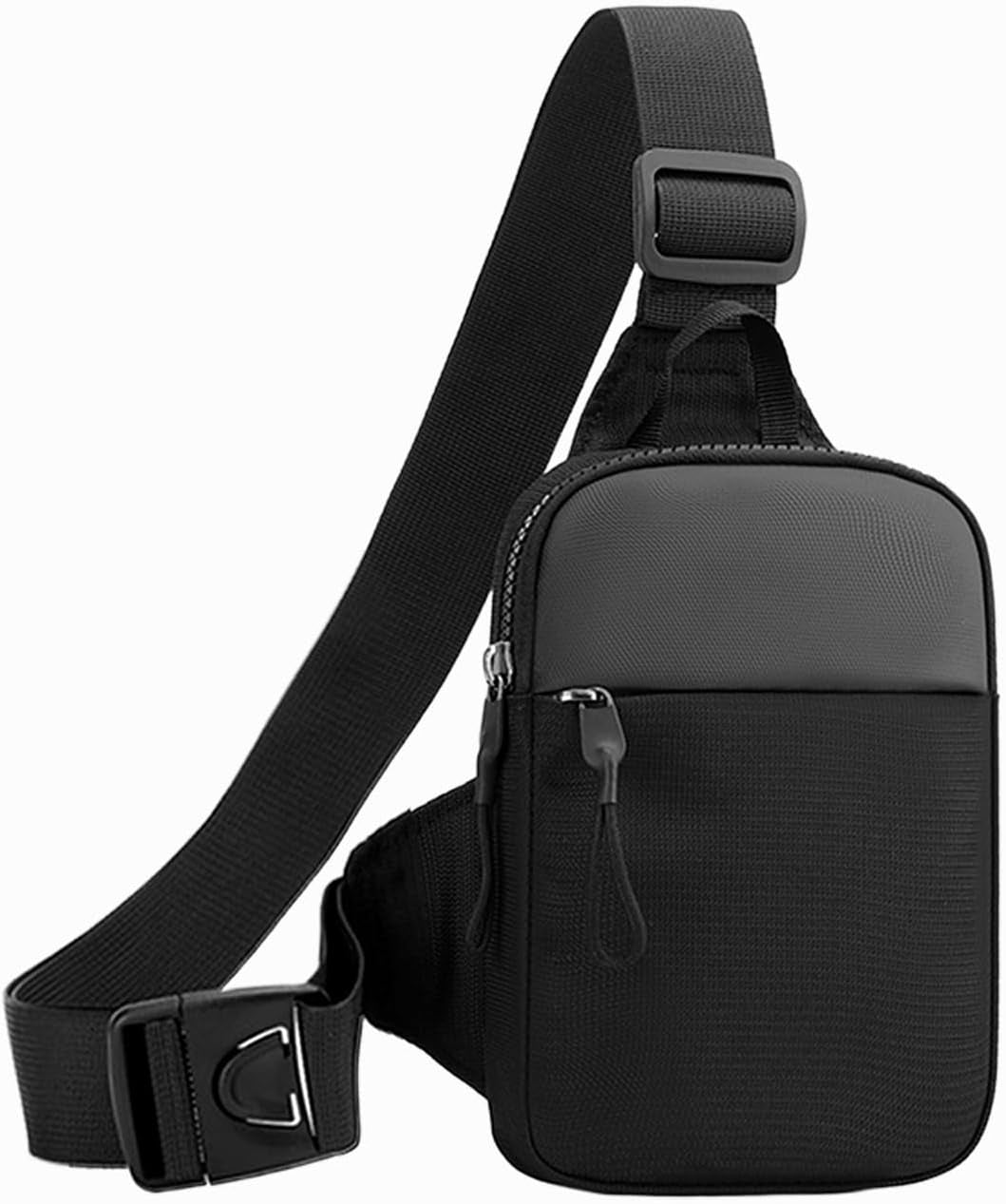 Black mesh mini crossbody chest bag with dual pockets front view