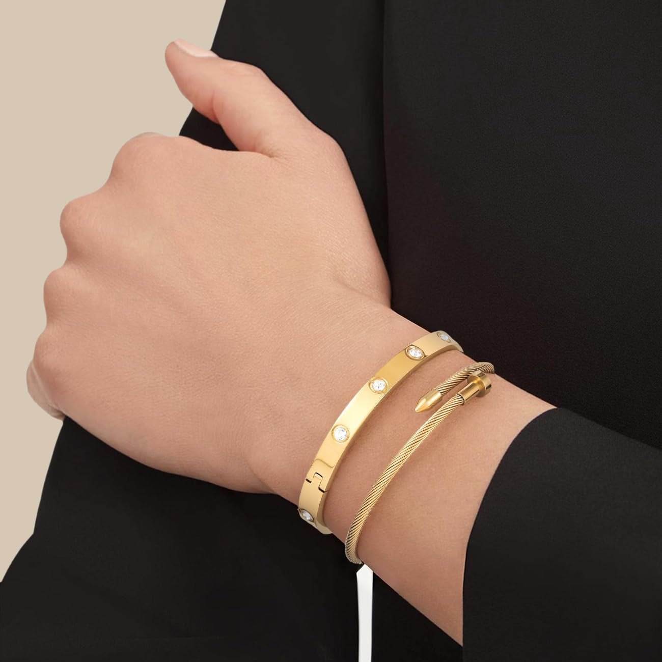 18K Gold Plated Bangle Bracelets for Women, Stackable Love Bangle Bracelet Set, Stainless Steel Non Tarnish Bracelet Set, Adjustable Bracelets Jewelry Christmas Valentine Birthday Gifts, Gold