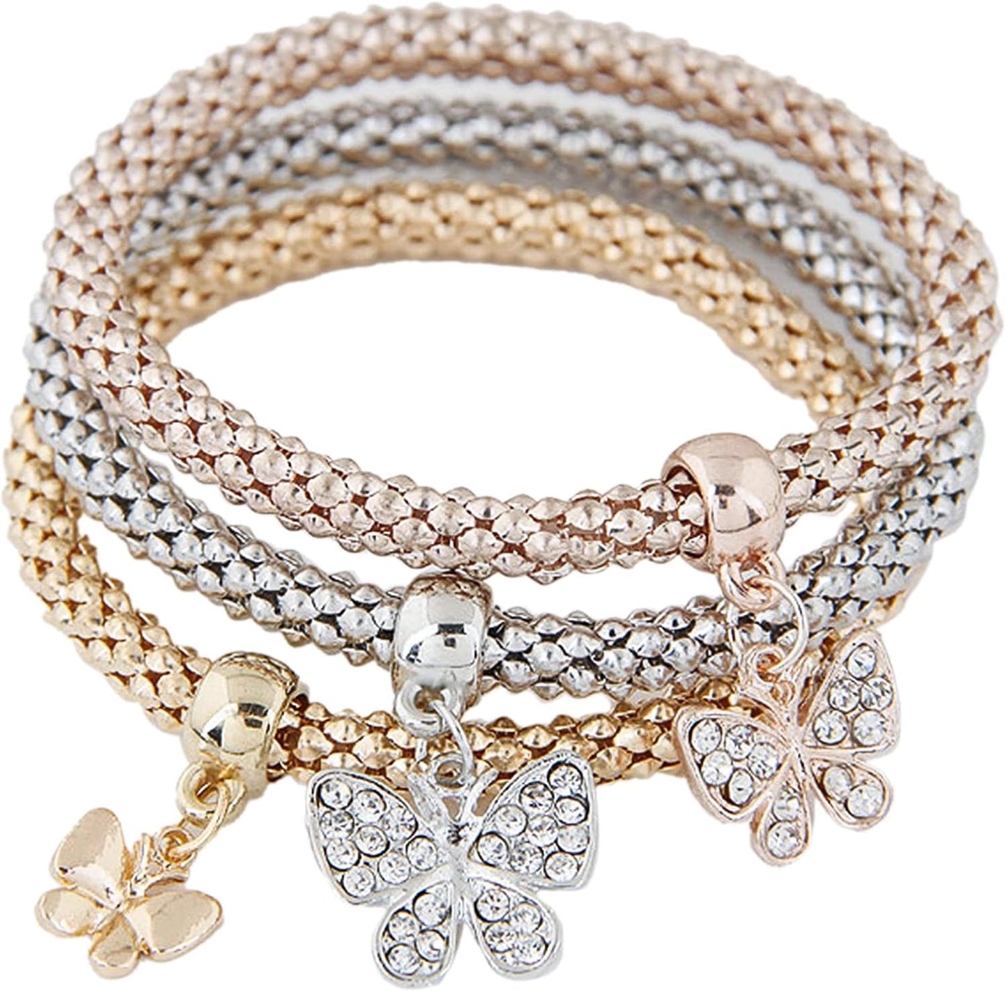 3Pcs Multilayer Crystal Rhinestone Bead Corn Chain Love Heart Tree of Life Bracelet Bangle Set for Women Stretchy Butterfly Animal Bracelet Friendship Jewelry Birthday Gift