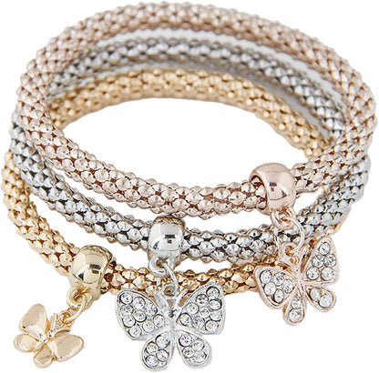 3Pcs Multilayer Crystal Rhinestone Bead Corn Chain Love Heart Tree of Life Bracelet Bangle Set for Women Stretchy Butterfly Animal Bracelet Friendship Jewelry Birthday Gift
