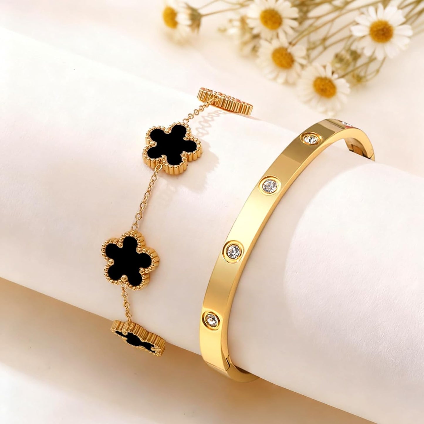 Lucky clover charm gold bracelet set adjustable for women