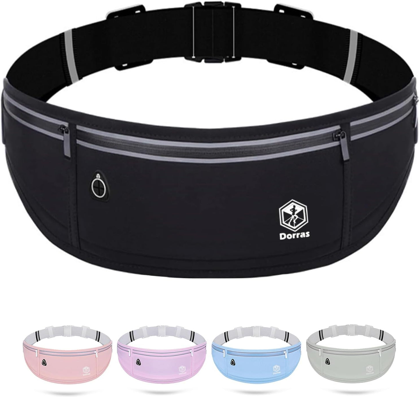 Woman wearing slim black running belt fanny pack during morning jog