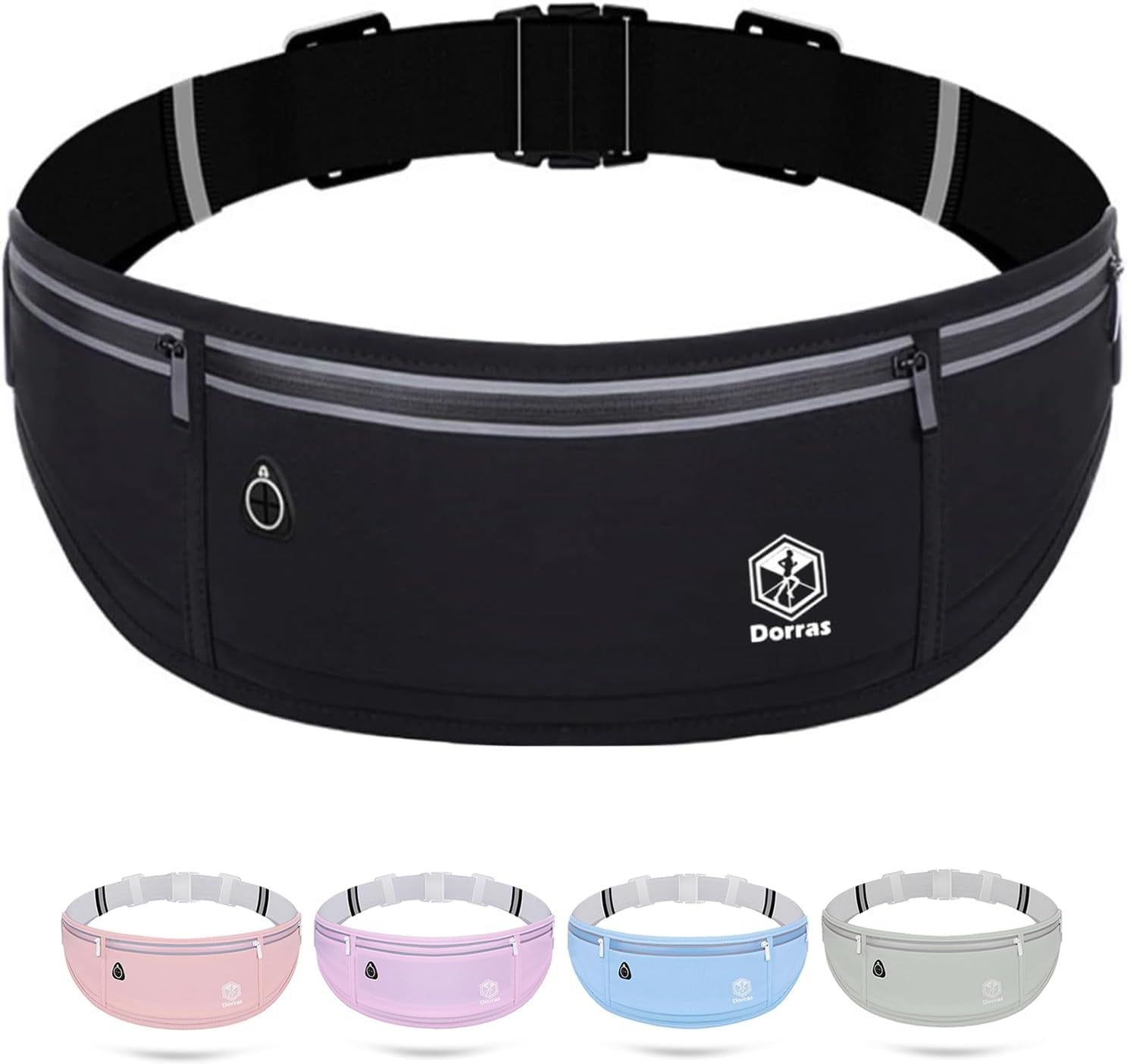 Woman wearing slim black running belt fanny pack during morning jog