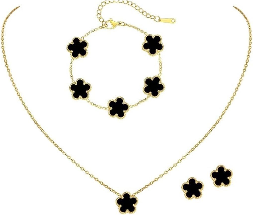Generic 3 PCS Lucky Clover Necklace Set, 18K-Gold Plated Trendy Lucky Clover Bracelet, Necklace, Earrings Jewelry Set,Gifts for Mom, Wife, Daughter，Friends, Black